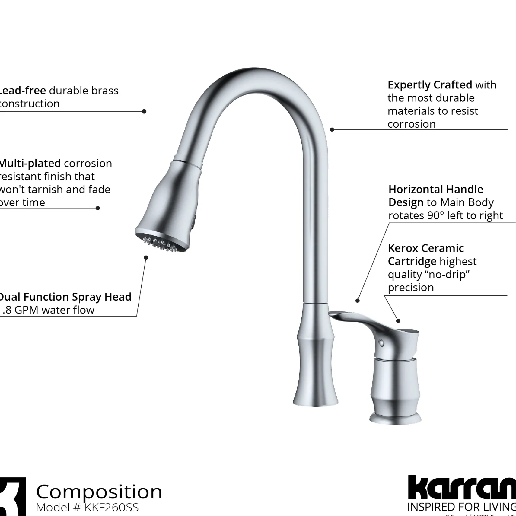 Karran Hillwood 1.8 GPM Single Lever Handle Lead-free Brass ADA Kitchen Faucet, Pull-Down Kitchen, Stainless Steel, KKF260SD25SS