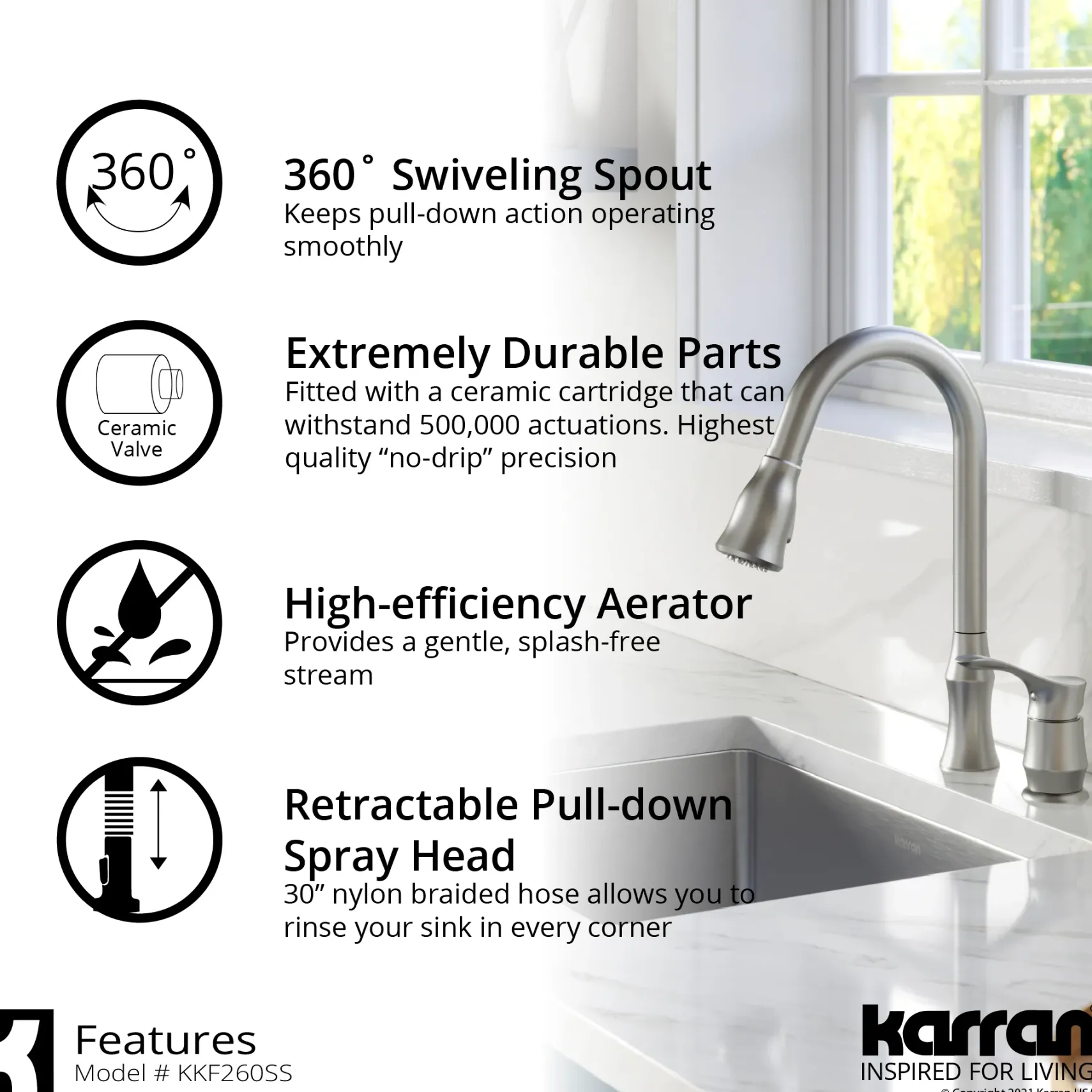 Karran Hillwood 1.8 GPM Single Lever Handle Lead-free Brass ADA Kitchen Faucet, Pull-Down Kitchen, Stainless Steel, KKF260SD25SS
