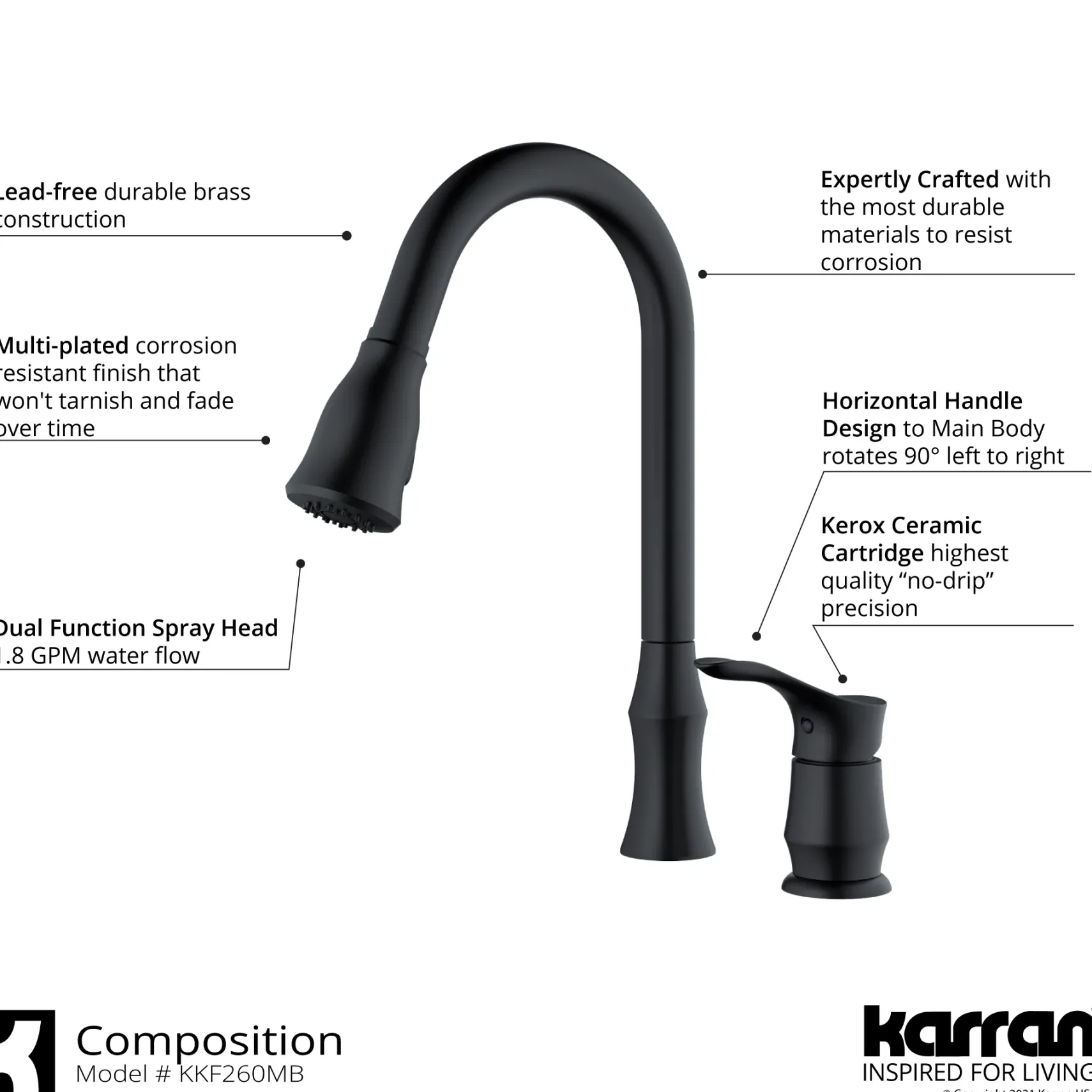 Karran Hillwood 1.8 GPM Single Lever Handle Lead-free Brass ADA Kitchen Faucet, Pull-Down Kitchen, Matte Black, KKF260SD25MB
