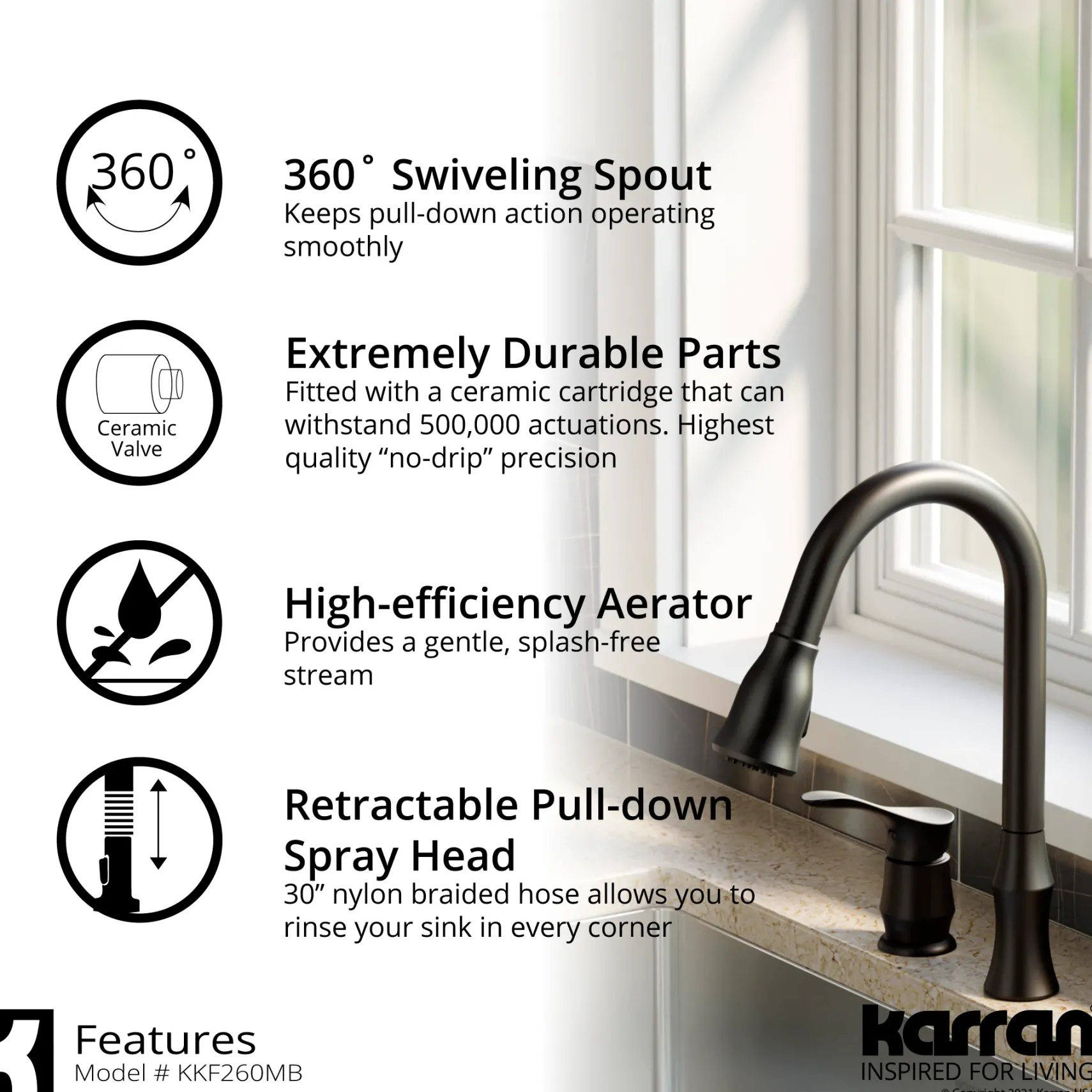 Karran Hillwood 1.8 GPM Single Lever Handle Lead-free Brass ADA Kitchen Faucet, Pull-Down Kitchen, Matte Black, KKF260SD25MB