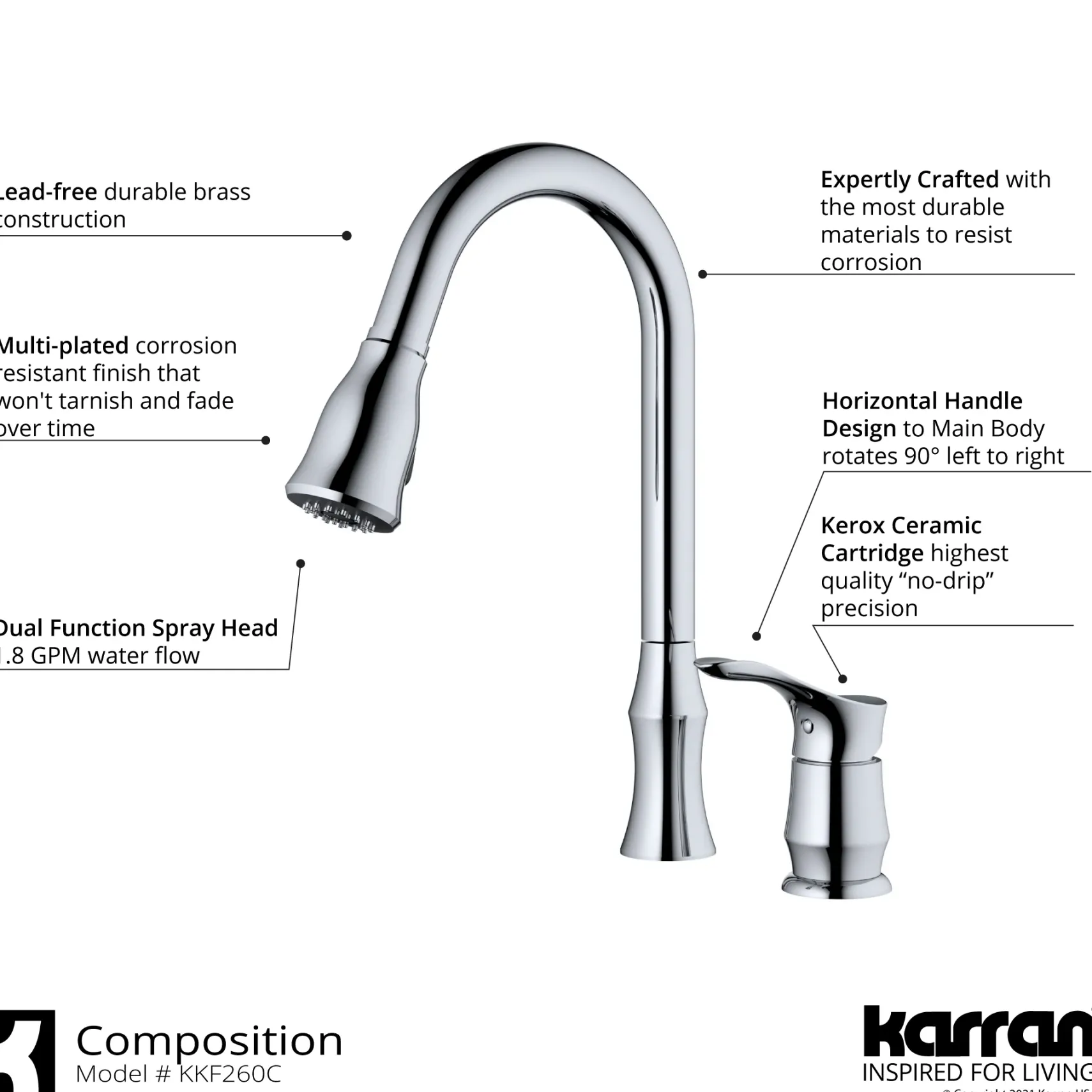 Karran Hillwood 1.8 GPM Single Lever Handle Lead-free Brass ADA Kitchen Faucet, Pull-Down Kitchen, Chrome, KKF260SD25C