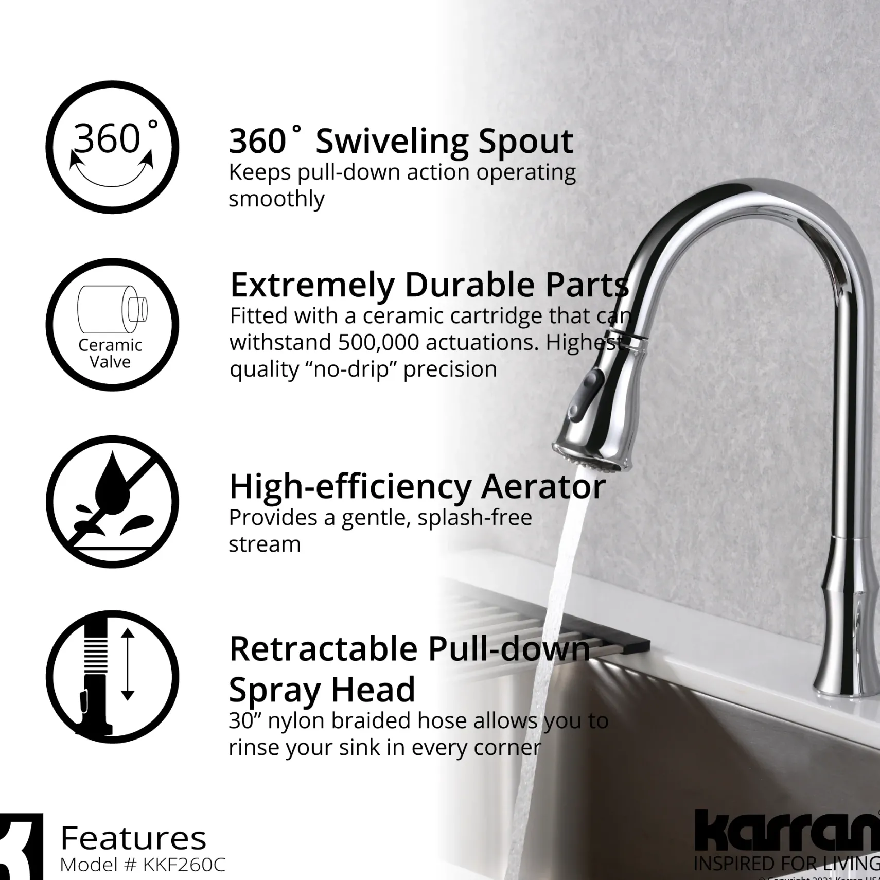 Karran Hillwood 1.8 GPM Single Lever Handle Lead-free Brass ADA Kitchen Faucet, Pull-Down Kitchen, Chrome, KKF260SD25C