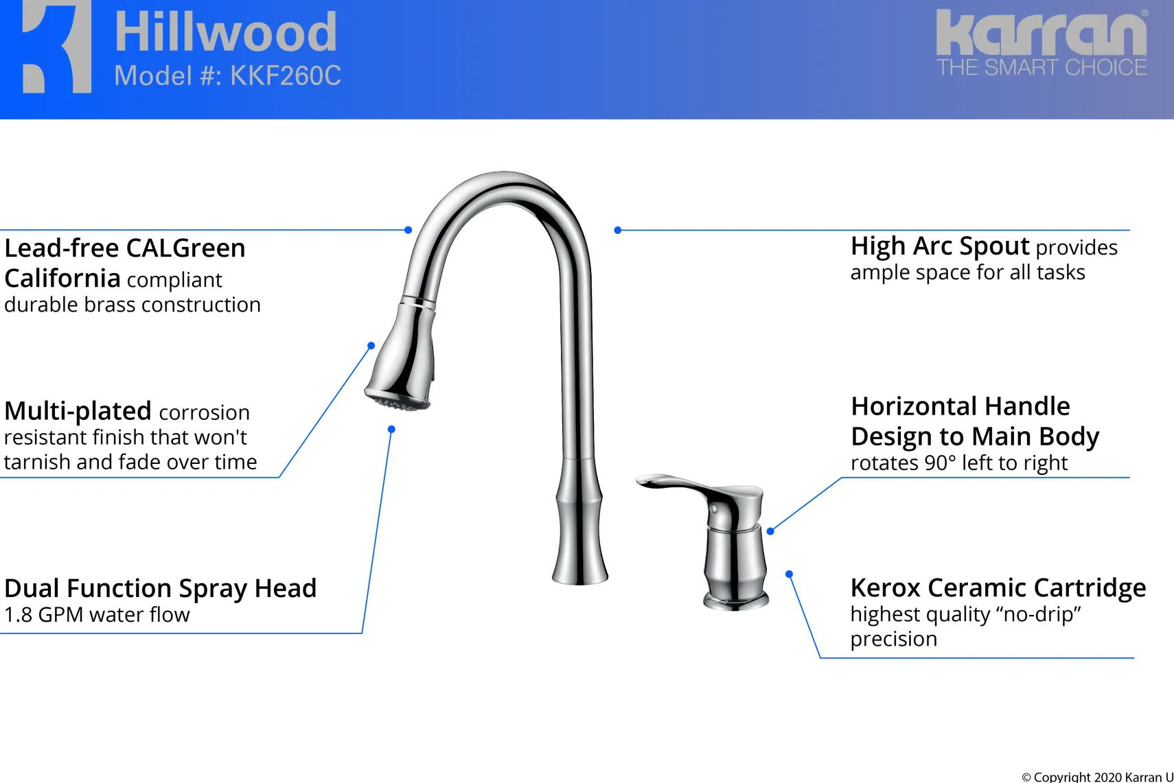 Karran Hillwood Single Lever Handle Lead-free Brass ADA Kitchen Faucet, Pull Down, Chrome, KKF260C