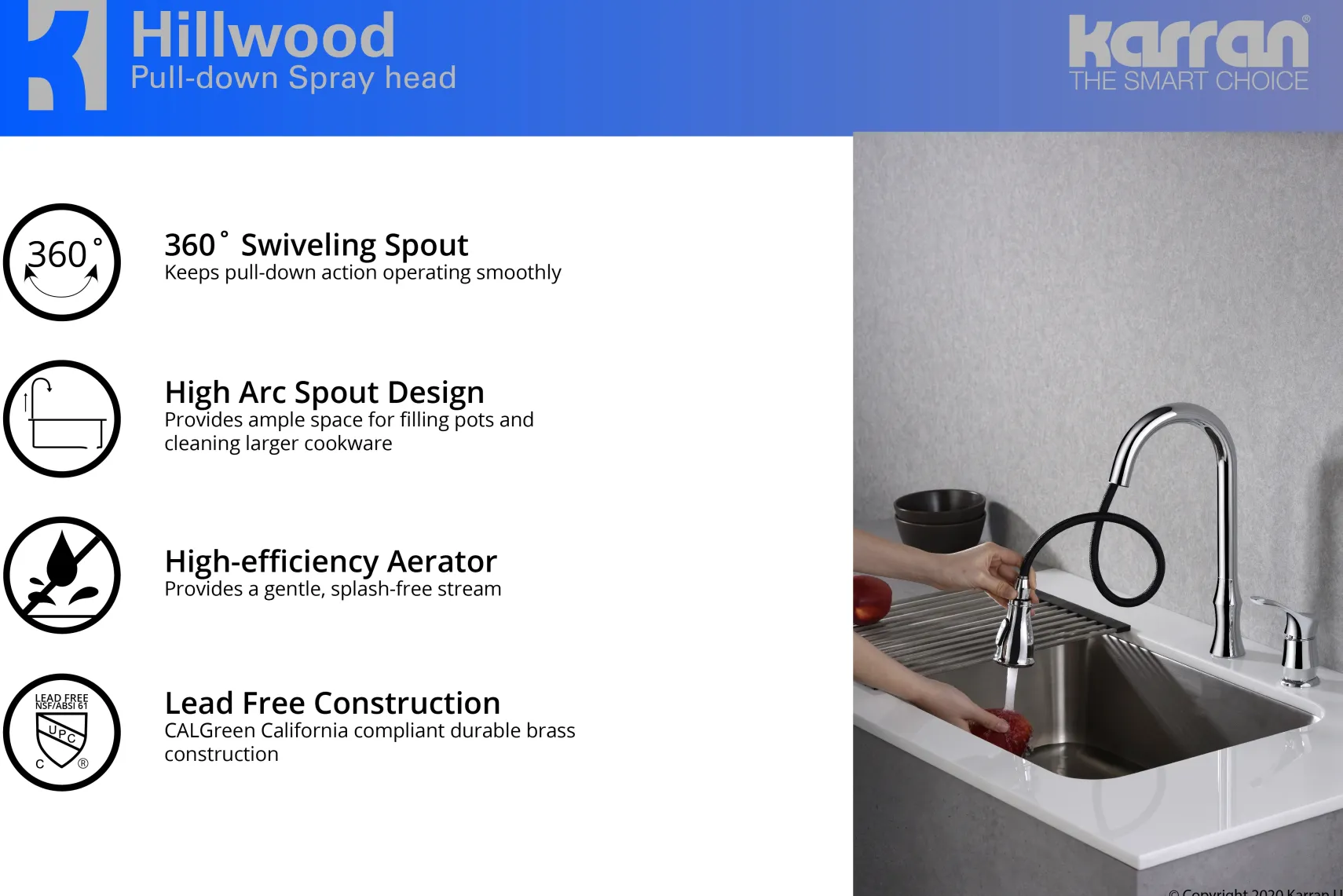 Karran Hillwood Single Lever Handle Lead-free Brass ADA Kitchen Faucet, Pull Down, Chrome, KKF260C