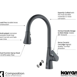 Karran Kadoma 1.8 GPM Single Lever Handle Touchless ADA Kitchen Faucet, Pull-Down Kitchen, Gunmetal Grey, KKF340GG