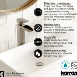 Karran Kassel 1.2 GPM Single Lever Handle Lead-free Brass ADA Bathroom Faucet, Vessel, Stainless Steel, KBF442SS