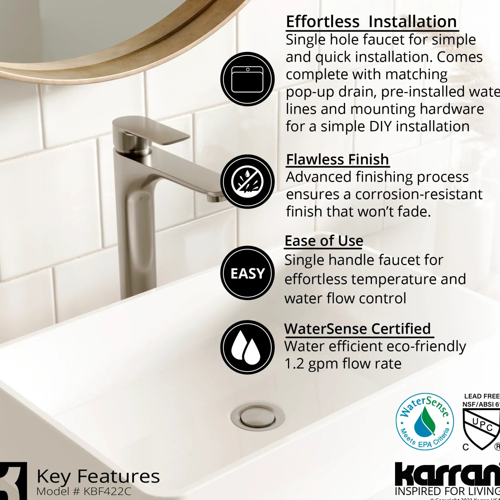 Karran Kayes 1.2 GPM Single Lever Handle Lead-free Brass ADA Bathroom Faucet, Vessel, Chrome, KBF422C