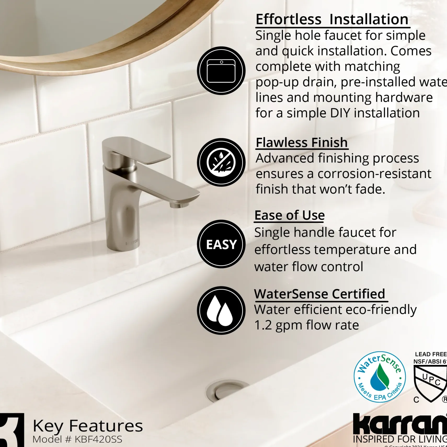 Karran Kayes 1.2 GPM Single Lever Handle Lead-free Brass ADA Bathroom Faucet, Basin, Stainless Steel, KBF420SS