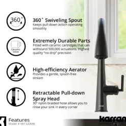 Karran Kentland 1.8 GPM Single Lever Handle Lead-free Brass ADA Kitchen Faucet, Pull-Down Kitchen, Matte Black, KKF320MB