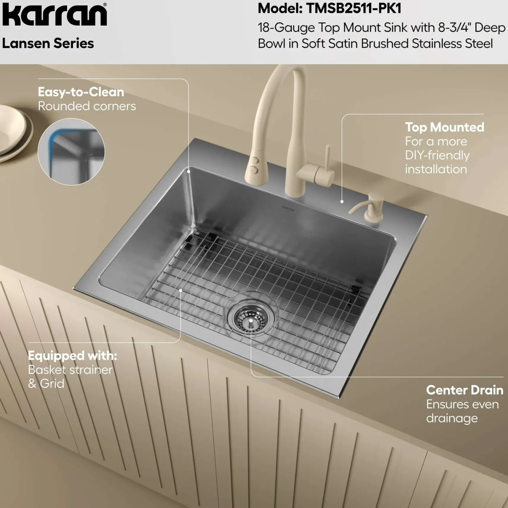 Karran Lansen 25" Drop In Stainless Steel Kitchen Sink, 18 Gauge, TMSB2511-PK1