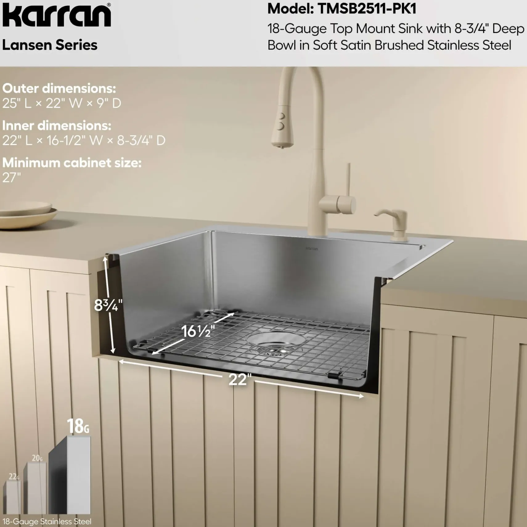 Karran Lansen 25" Drop In Stainless Steel Kitchen Sink, 18 Gauge, TMSB2511-PK1