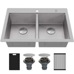 Karran Matrix 33" Drop In/Topmount Stainless Steel Workstation Kitchen Sink with Accessories, 50/50 Double Bowl, 16 Gauge, HST3322DBSS