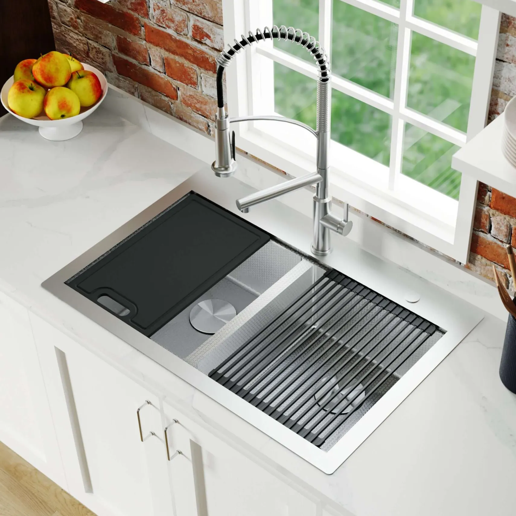 Karran Matrix 33" Drop In/Topmount Stainless Steel Workstation Kitchen Sink with Accessories, 50/50 Double Bowl, 16 Gauge, HST3322DBSS