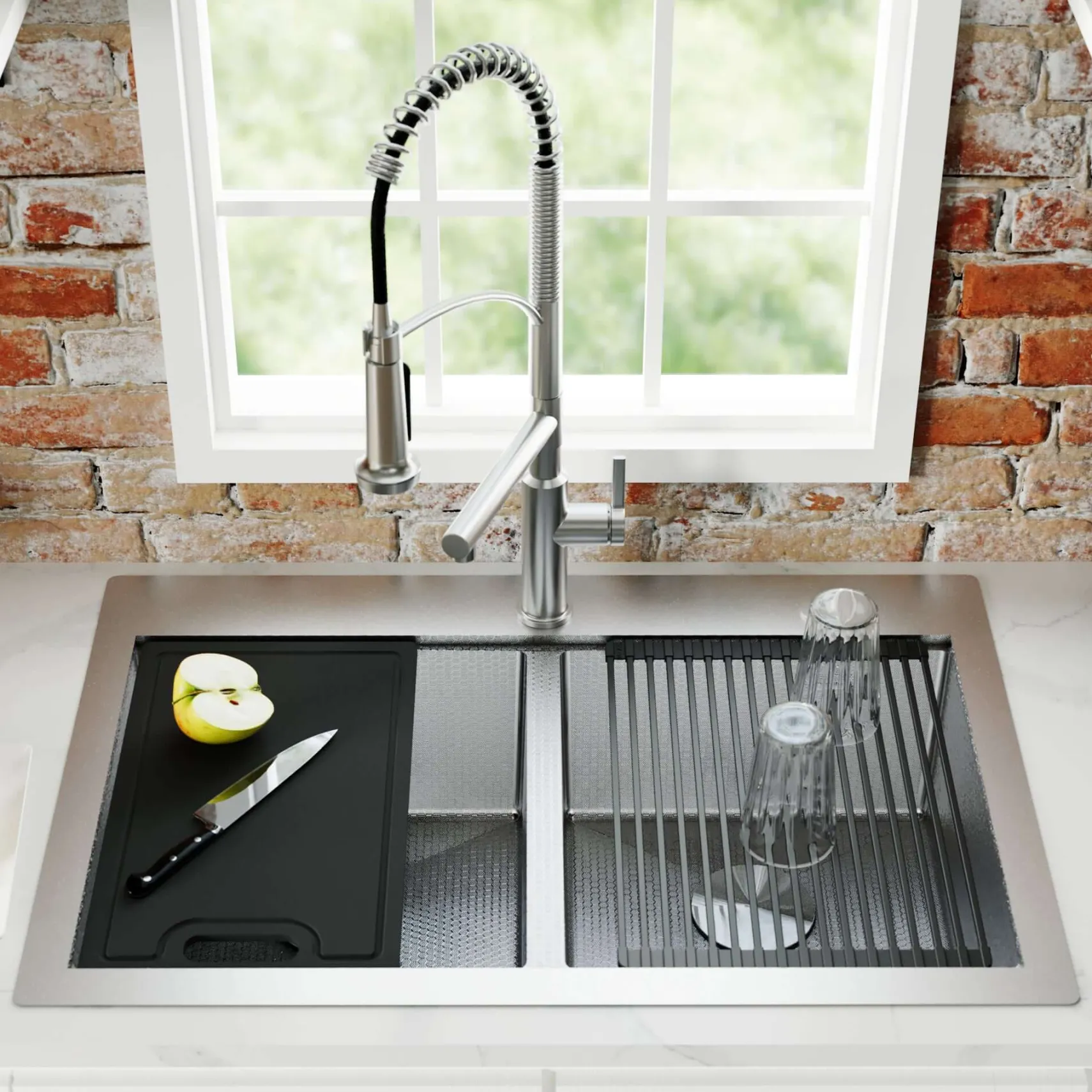 Karran Matrix 33" Drop In/Topmount Stainless Steel Workstation Kitchen Sink with Accessories, 50/50 Double Bowl, 16 Gauge, HST3322DBSS