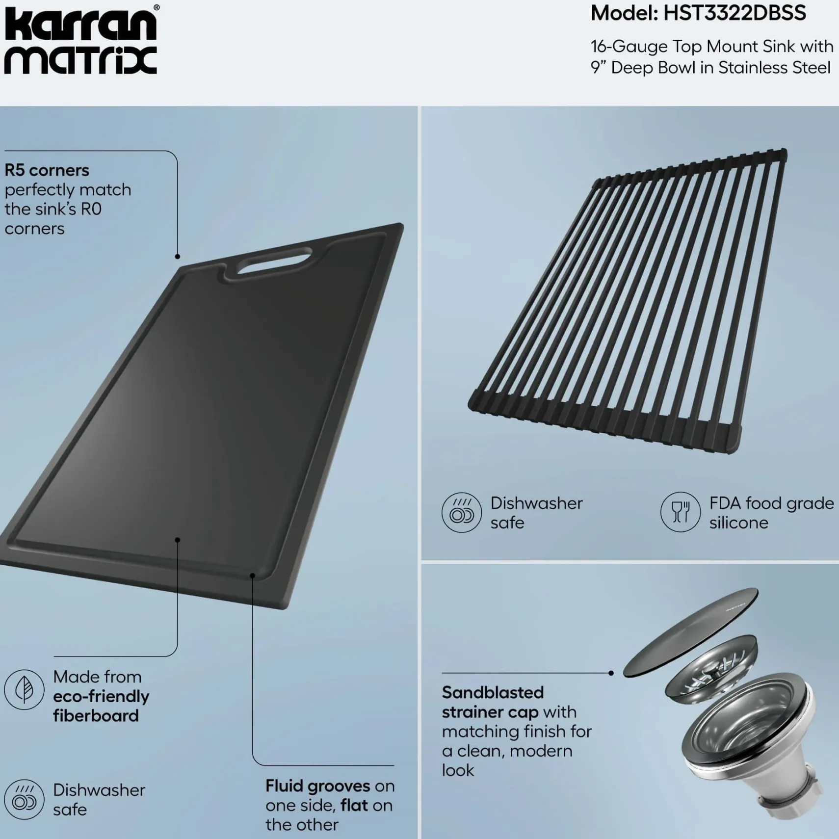 Karran Matrix 33" Drop In/Topmount Stainless Steel Workstation Kitchen Sink with Accessories, 50/50 Double Bowl, 16 Gauge, HST3322DBSS