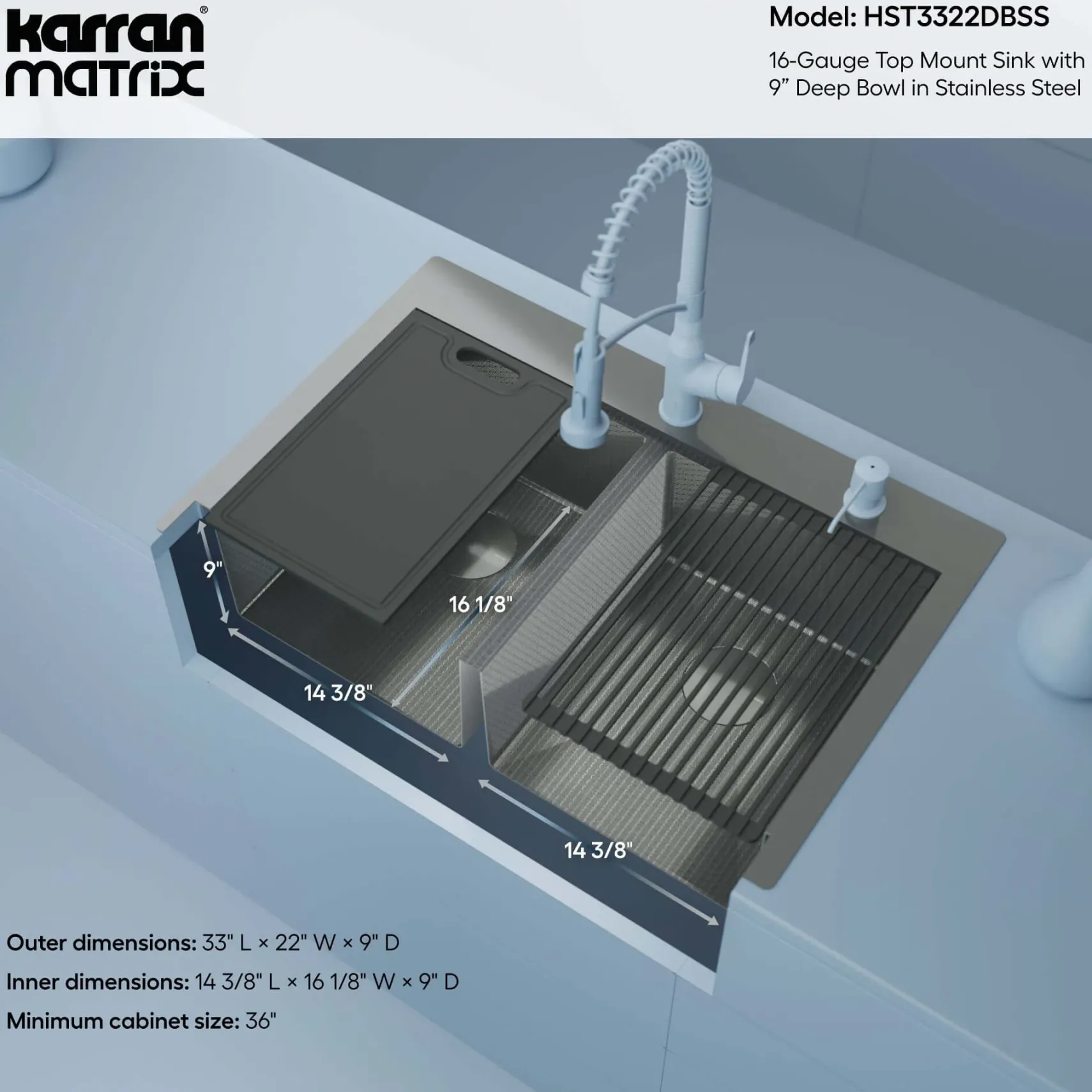 Karran Matrix 33" Drop In/Topmount Stainless Steel Workstation Kitchen Sink with Accessories, 50/50 Double Bowl, 16 Gauge, HST3322DBSS