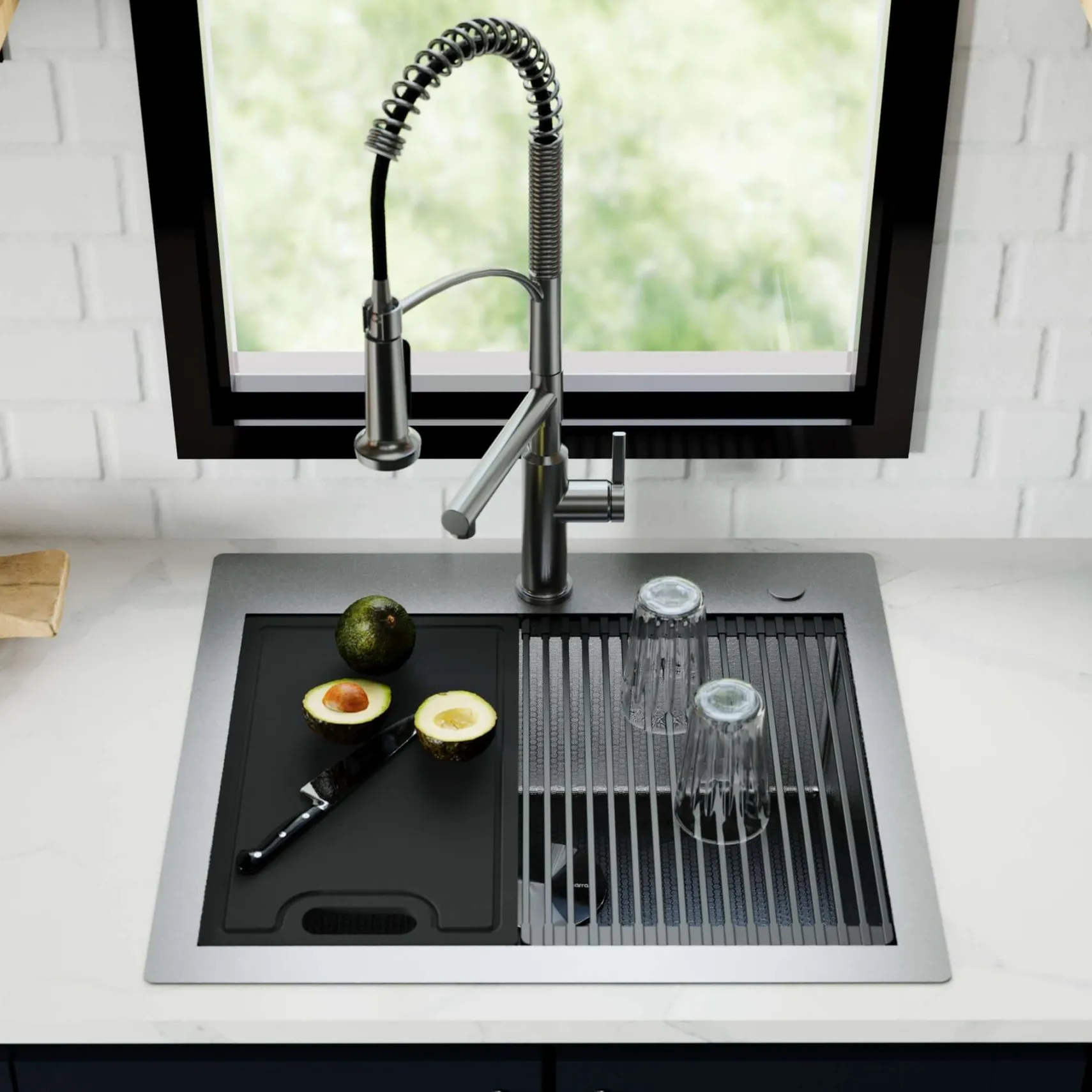 Karran Matrix 25" Drop In/Topmount Stainless Steel Workstation Kitchen Sink with Accessories, Gunmetal Grey, 16 Gauge, HST2522SBGG