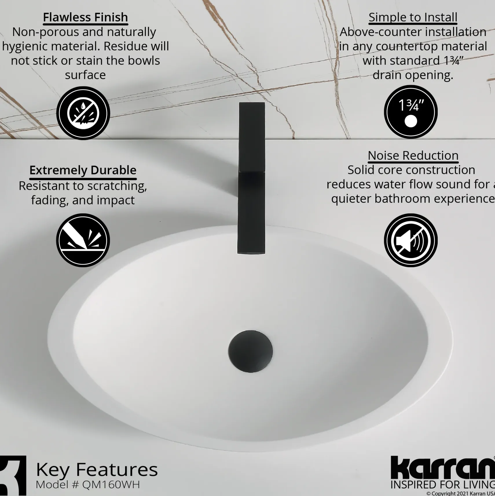Karran Quattro 23" x 13.25" Oval Vessel Acrylic Solid Surface ADA Bathroom Sink, White, QM160WH
