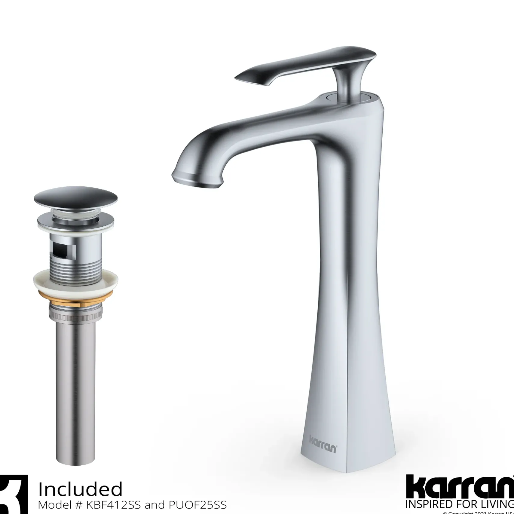 Karran Quattro 20.625" x 17" Oval Vessel Acrylic Solid Surface ADA Bathroom Sink with Stainless Steel Faucet and Accessories, White, QM164WH412SS
