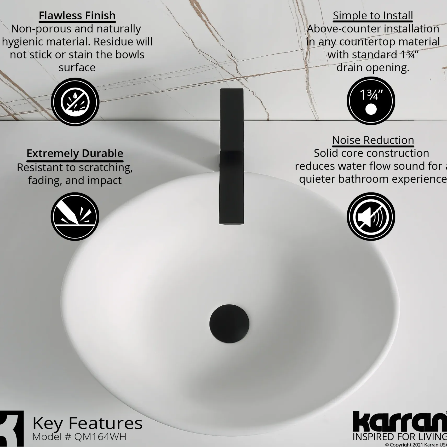 Karran Quattro 20.625" x 17" Oval Vessel Acrylic Solid Surface ADA Bathroom Sink with Stainless Steel Faucet and Accessories, White, QM164WH412SS