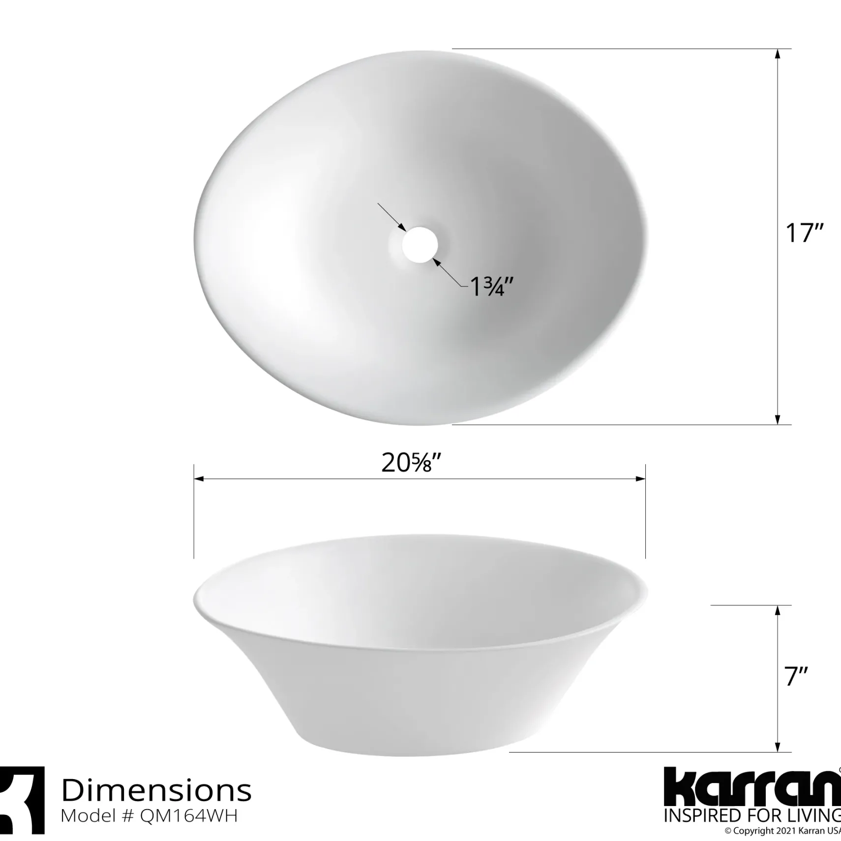 Karran Quattro 20.625" x 17" Oval Vessel Acrylic Solid Surface ADA Bathroom Sink with Stainless Steel Faucet and Accessories, White, QM164WH412SS