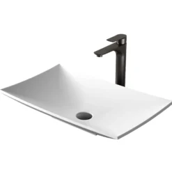 Karran Quattro 25.25" x 15.5" Rectangular Vessel Acrylic Solid Surface ADA Bathroom Sink with Matte Black Faucet and Accessories, White, QM170WH422MB