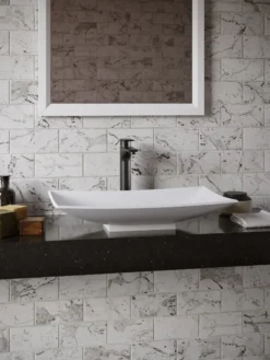 Karran Quattro 25.25" x 15.5" Rectangular Vessel Acrylic Solid Surface ADA Bathroom Sink with Matte Black Faucet and Accessories, White, QM170WH422MB
