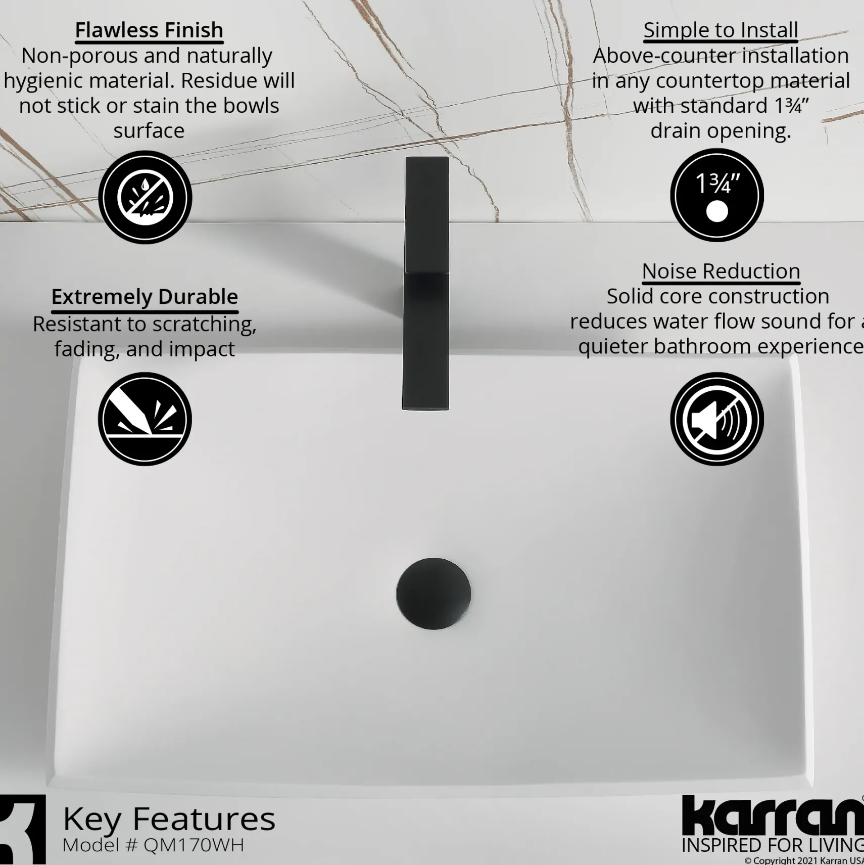 Karran Quattro 25.25" x 15.5" Rectangular Vessel Acrylic Solid Surface ADA Bathroom Sink, White, QM170WH