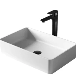 Karran Quattro 21.25" x 13.75" Rectangular Vessel Acrylic Solid Surface ADA Bathroom Sink with Matte Black Faucet and Accessories, White, QM176WH422MB