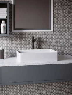 Karran Quattro 21.25" x 13.75" Rectangular Vessel Acrylic Solid Surface ADA Bathroom Sink with Matte Black Faucet and Accessories, White, QM176WH422MB