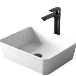 Karran Quattro 18" x 14.5" Rectangular Vessel Acrylic Solid Surface ADA Bathroom Sink with Matte Black Faucet and Accessories, White, QM172WH422MB