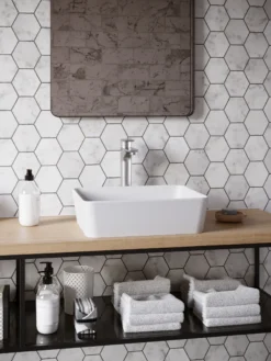 Karran Quattro 18" x 14.5" Rectangular Vessel Acrylic Solid Surface ADA Bathroom Sink with Stainless Steel Faucet and Accessories, White, QM172WH422SS