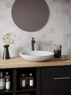 Karran Quattro 19.25" x 19.25" Round Vessel Acrylic Solid Surface ADA Bathroom Sink with Matte Black Faucet and Accessories, White, QM162WH412MB