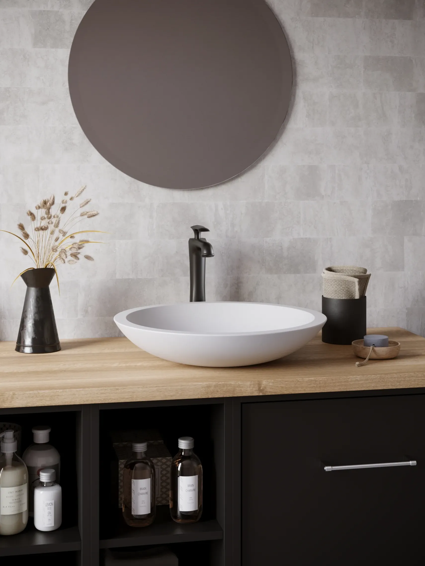 Karran Quattro 19.25" x 19.25" Round Vessel Acrylic Solid Surface ADA Bathroom Sink with Matte Black Faucet and Accessories, White, QM162WH412MB
