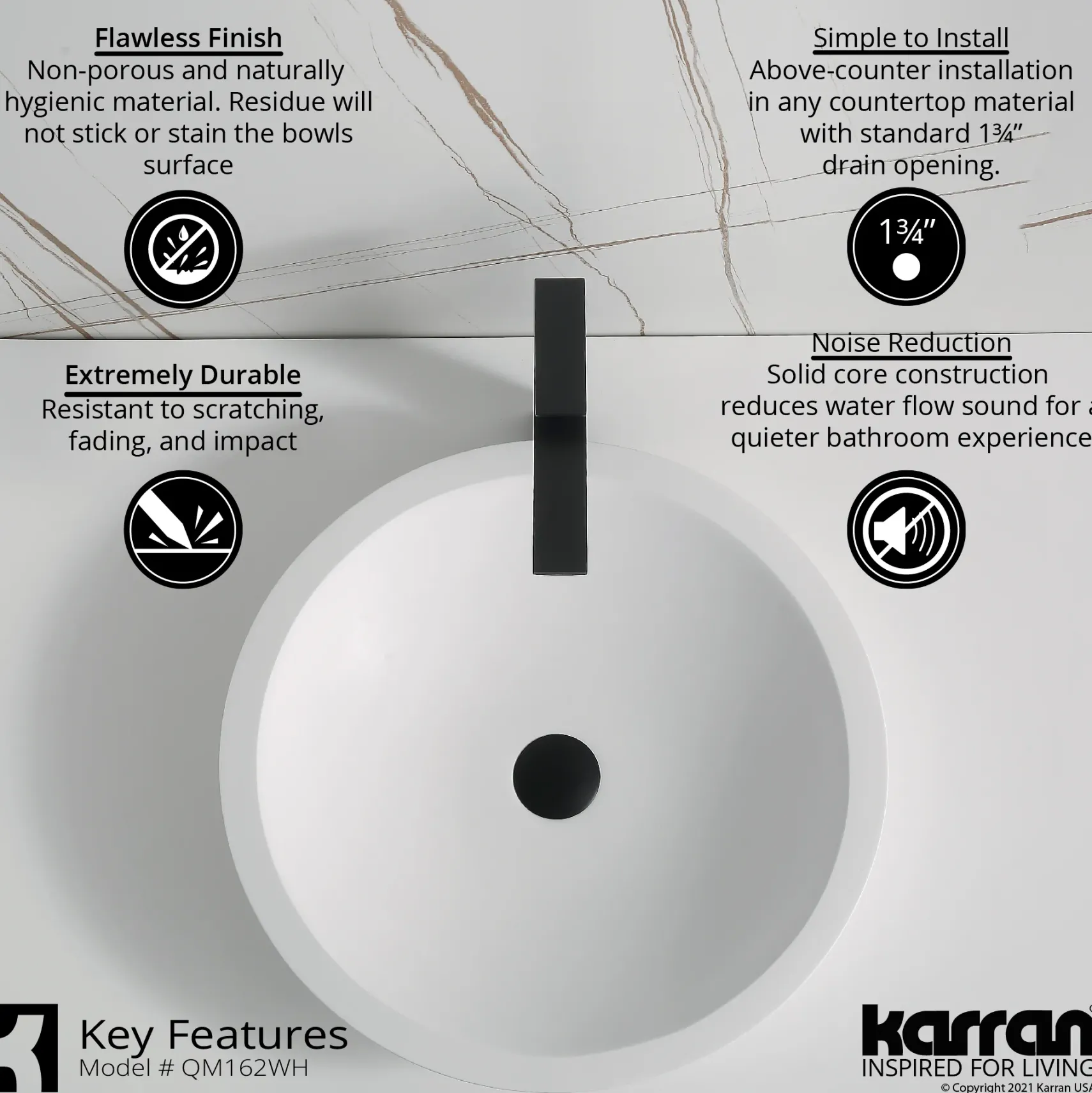 Karran Quattro 19.25" x 19.25" Round Vessel Acrylic Solid Surface ADA Bathroom Sink with Matte Black Faucet and Accessories, White, QM162WH412MB