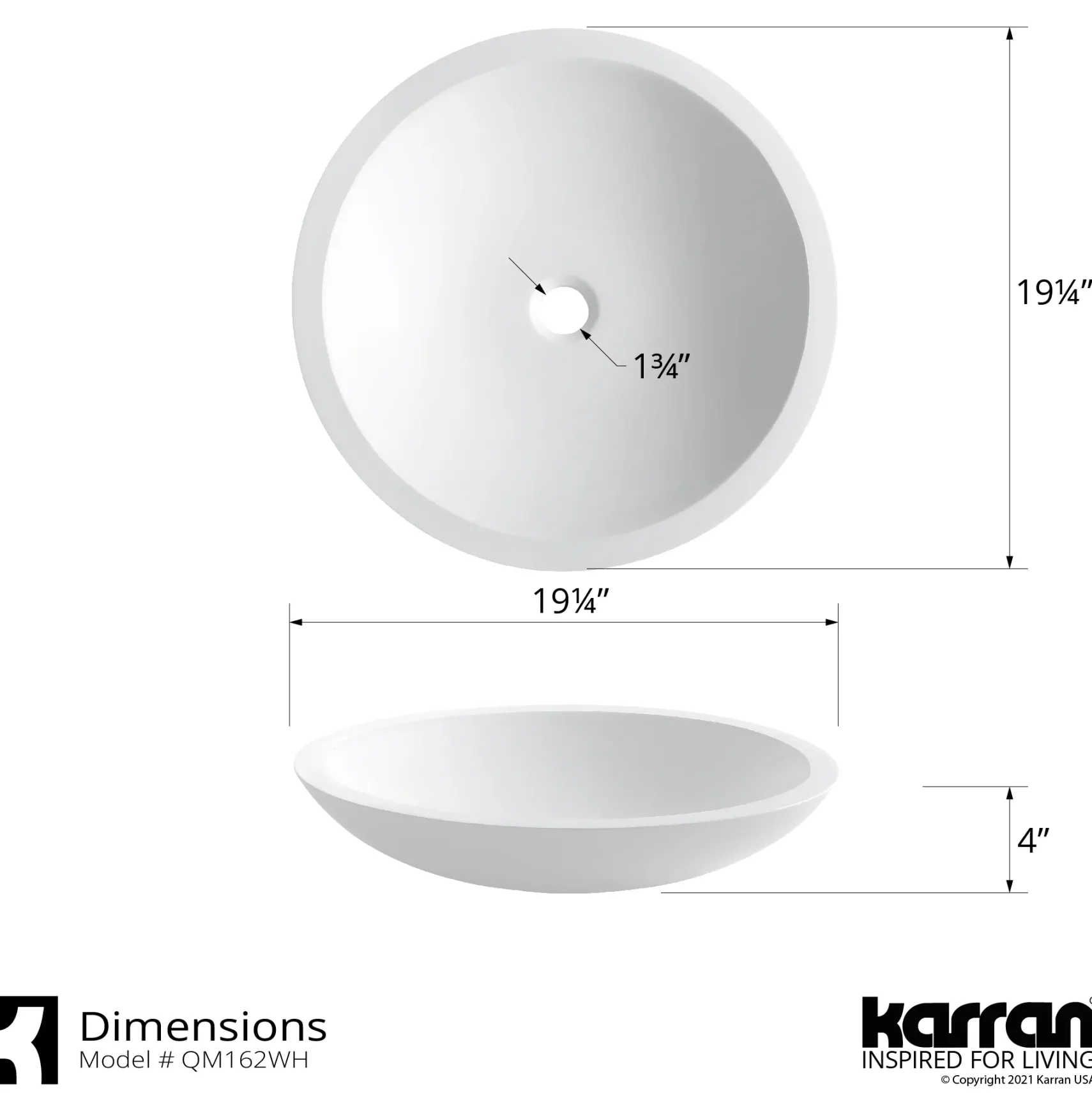 Karran Quattro 19.25" x 19.25" Round Vessel Acrylic Solid Surface ADA Bathroom Sink with Matte Black Faucet and Accessories, White, QM162WH412MB