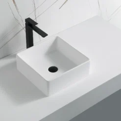 Karran Quattro 14.5" x 14.5" Square Vessel Acrylic Solid Surface ADA Bathroom Sink, White, QM174WH