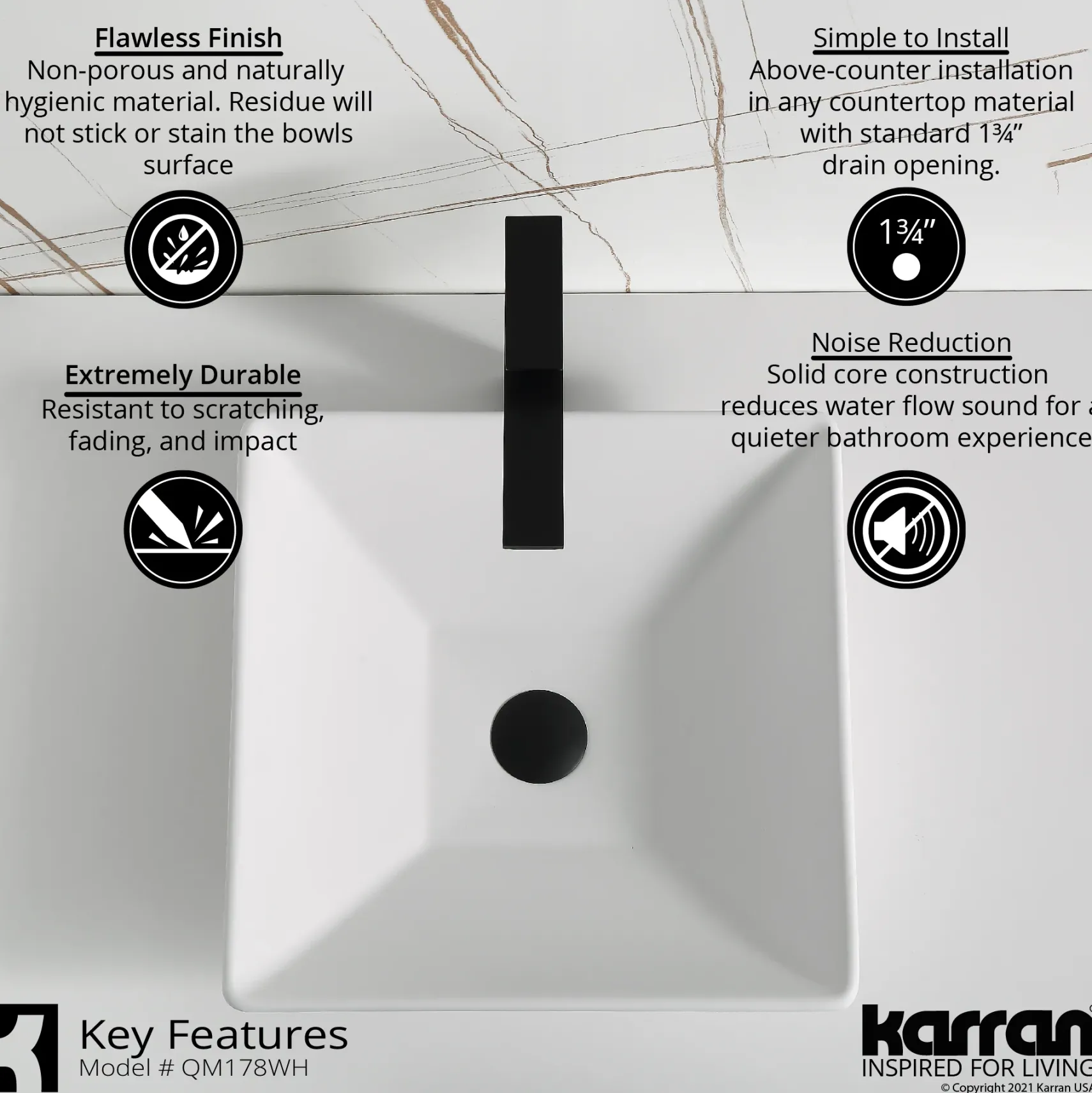 Karran Quattro 16" x 16" Square Vessel Acrylic Solid Surface ADA Bathroom Sink, White, QM178WH