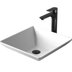 Karran Quattro 16" x 16" Square Vessel Acrylic Solid Surface ADA Bathroom Sink with Matte Black Faucet and Accessories, White, QM178WH422MB