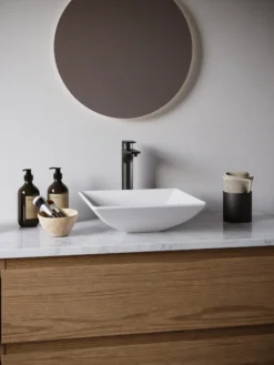 Karran Quattro 16" x 16" Square Vessel Acrylic Solid Surface ADA Bathroom Sink with Matte Black Faucet and Accessories, White, QM178WH422MB