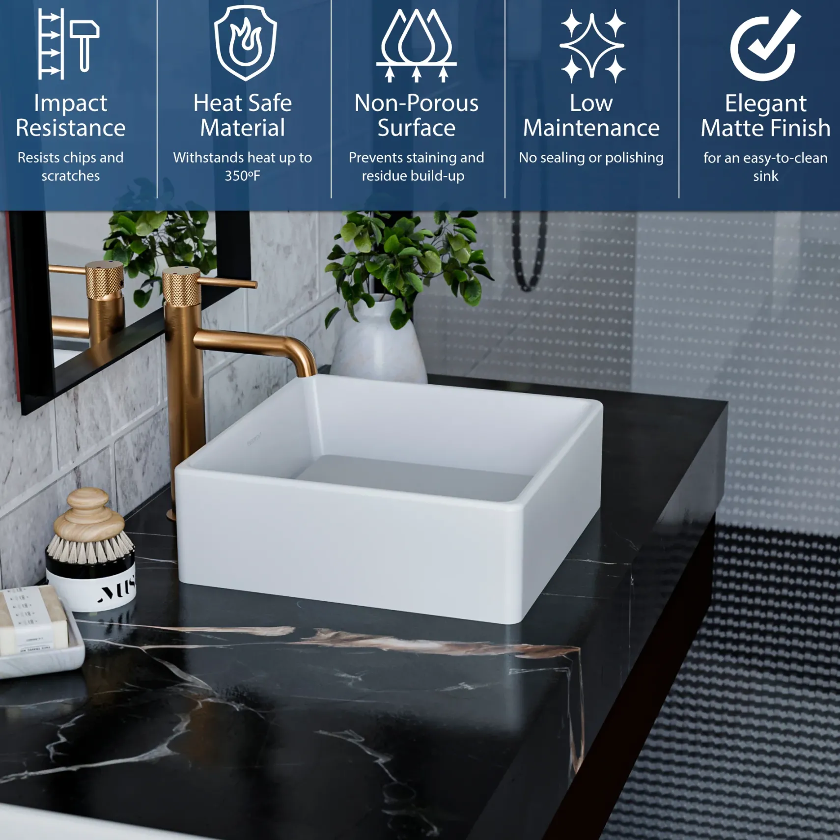 Karran Quattro 14.5" x 14.5" Square Vessel Acrylic Solid Surface ADA Bathroom Sink, White, QM175WH
