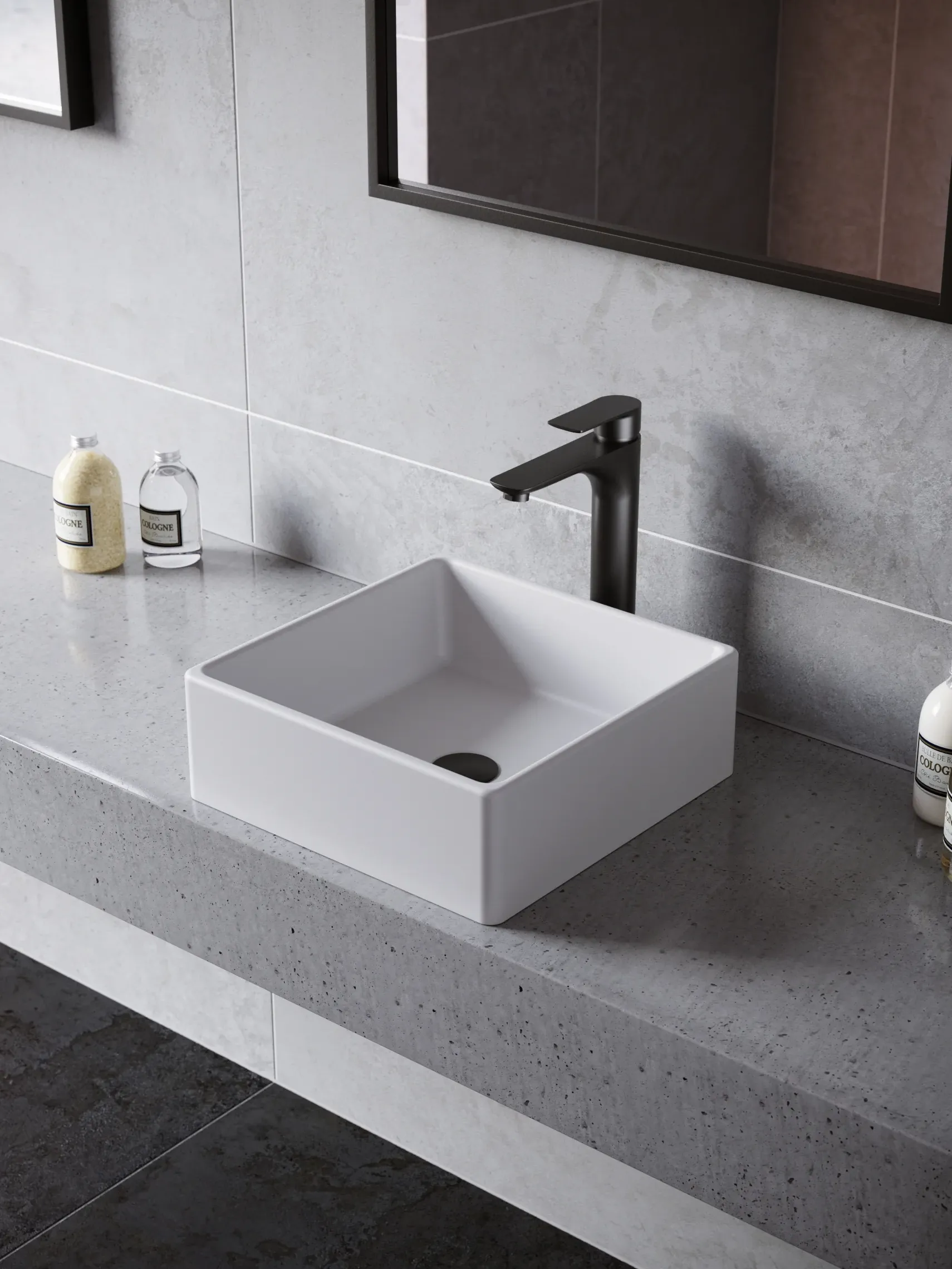Karran Quattro 14.5" x 14.5" Square Vessel Acrylic Solid Surface ADA Bathroom Sink with Matte Black Faucet and Accessories, White, QM174WH422MB