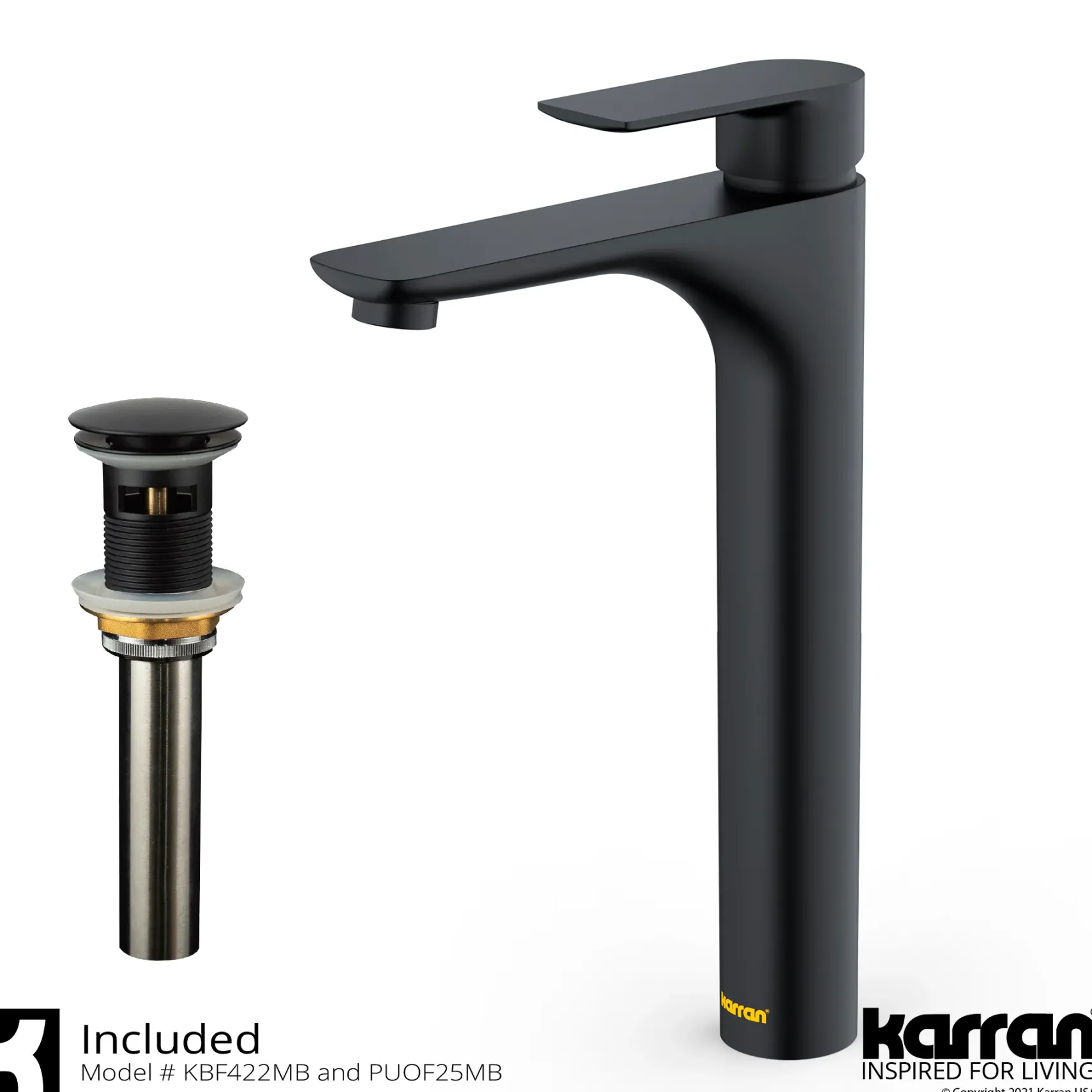 Karran Quattro 14.5" x 14.5" Square Vessel Acrylic Solid Surface ADA Bathroom Sink with Matte Black Faucet and Accessories, White, QM174WH422MB