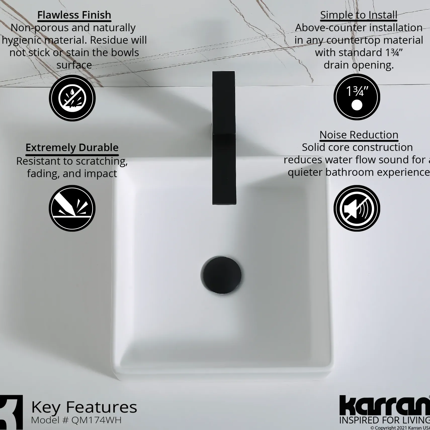 Karran Quattro 14.5" x 14.5" Square Vessel Acrylic Solid Surface ADA Bathroom Sink with Matte Black Faucet and Accessories, White, QM174WH422MB