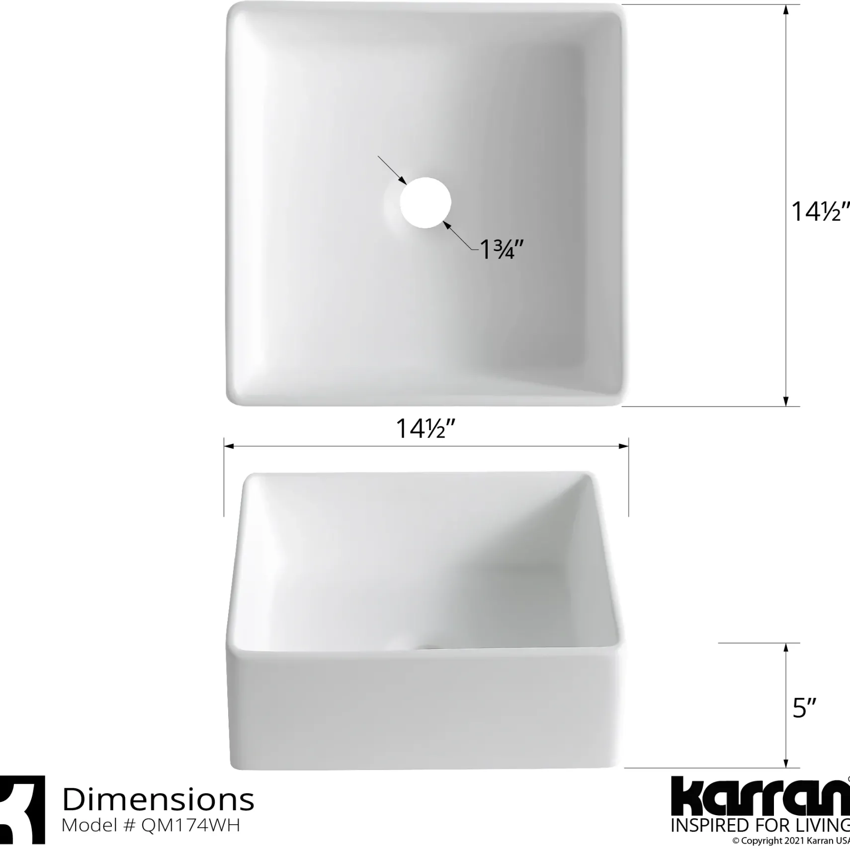 Karran Quattro 14.5" x 14.5" Square Vessel Acrylic Solid Surface ADA Bathroom Sink with Matte Black Faucet and Accessories, White, QM174WH422MB