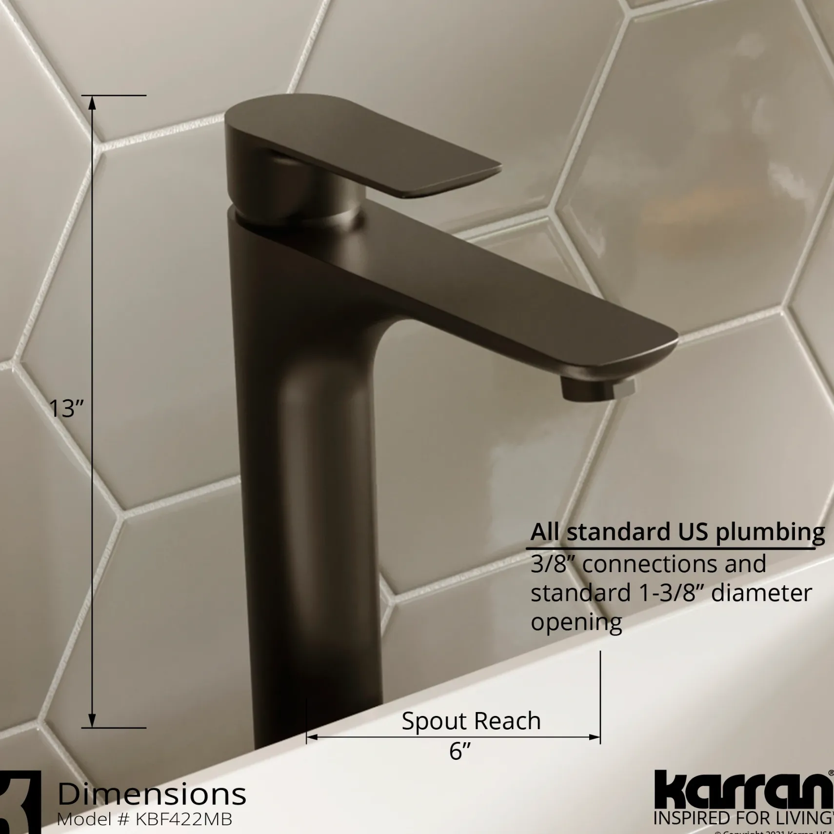 Karran Quattro 14.5" x 14.5" Square Vessel Acrylic Solid Surface ADA Bathroom Sink with Matte Black Faucet and Accessories, White, QM174WH422MB