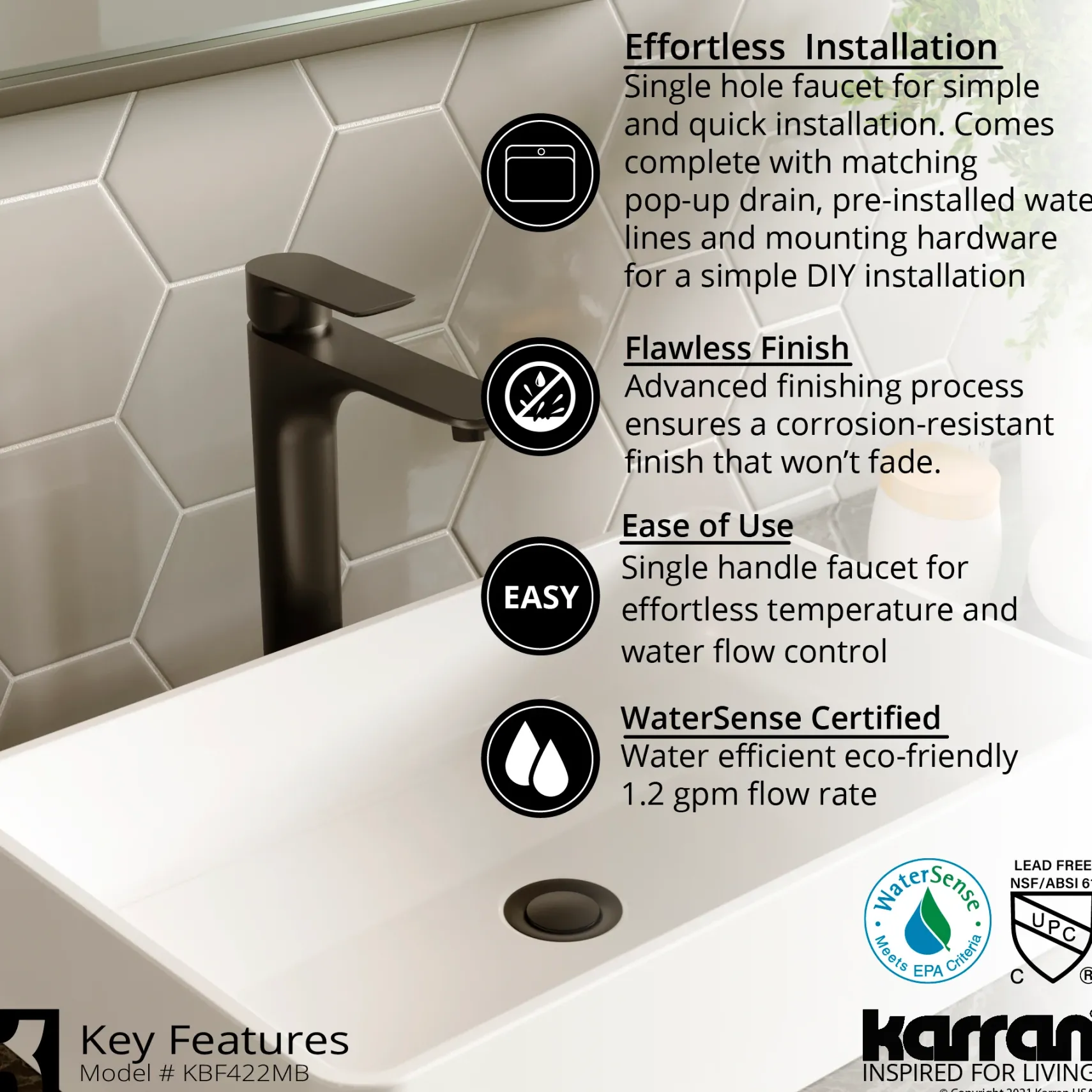 Karran Quattro 14.5" x 14.5" Square Vessel Acrylic Solid Surface ADA Bathroom Sink with Matte Black Faucet and Accessories, White, QM174WH422MB