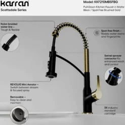 Karran Scottsdale 1.8 GPM Single Lever Handle Lead-free Brass ADA Kitchen Faucet, Pull-Down, Matte Black & Spot-Free Brushed Gold, KKF210MBSFBG