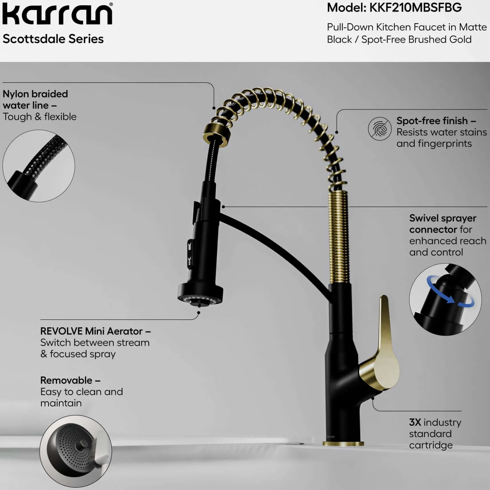 Karran Scottsdale 1.8 GPM Single Lever Handle Lead-free Brass ADA Kitchen Faucet, Pull-Down, Matte Black & Spot-Free Brushed Gold, KKF210MBSFBG