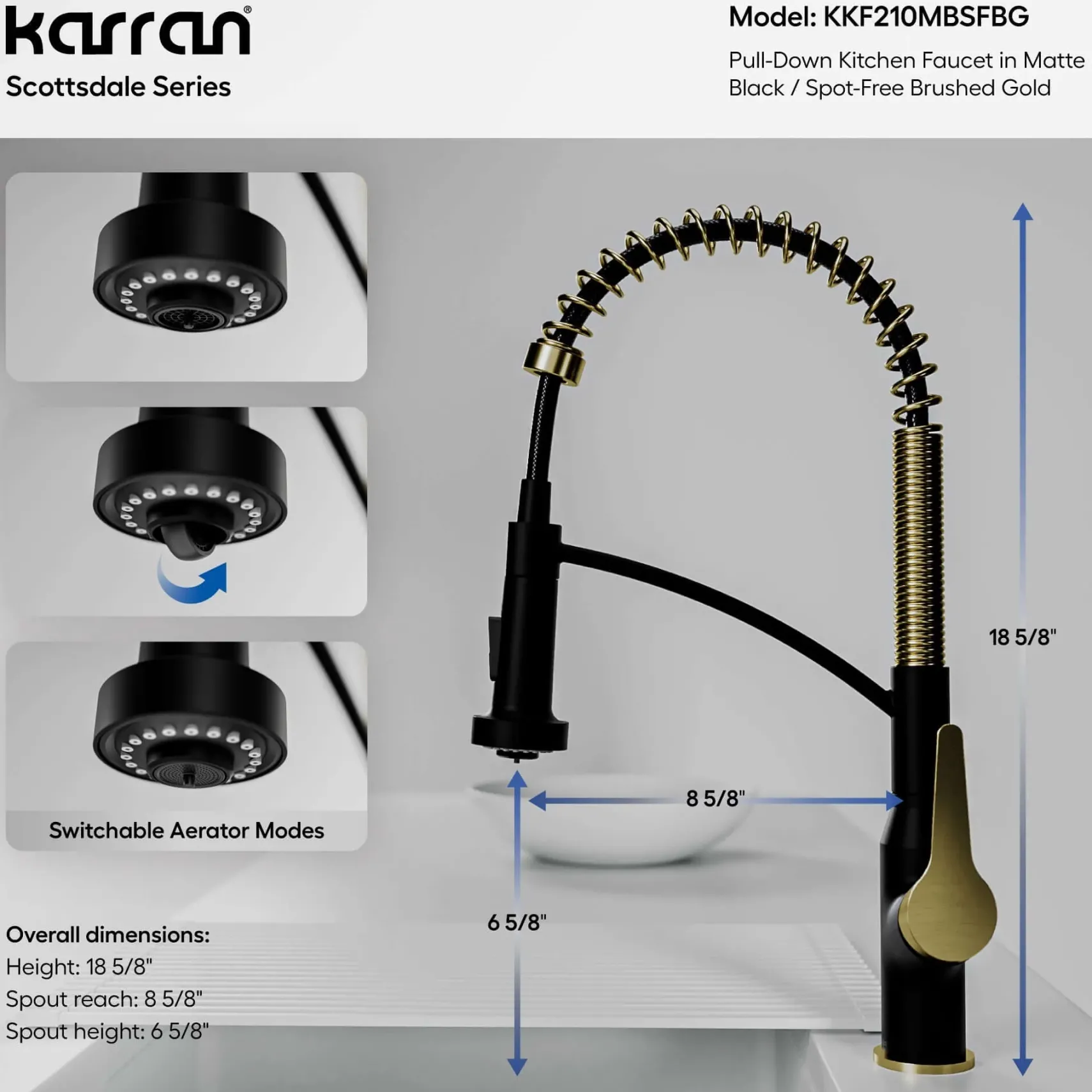 Karran Scottsdale 1.8 GPM Single Lever Handle Lead-free Brass ADA Kitchen Faucet, Pull-Down, Matte Black & Spot-Free Brushed Gold, KKF210MBSFBG